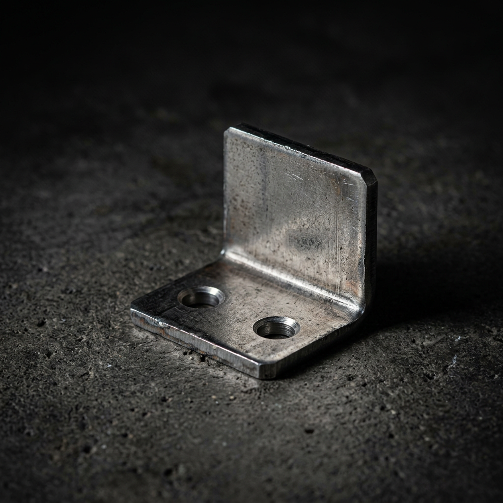 Sample laser-cut raw steel L-bracket with two drilled holes