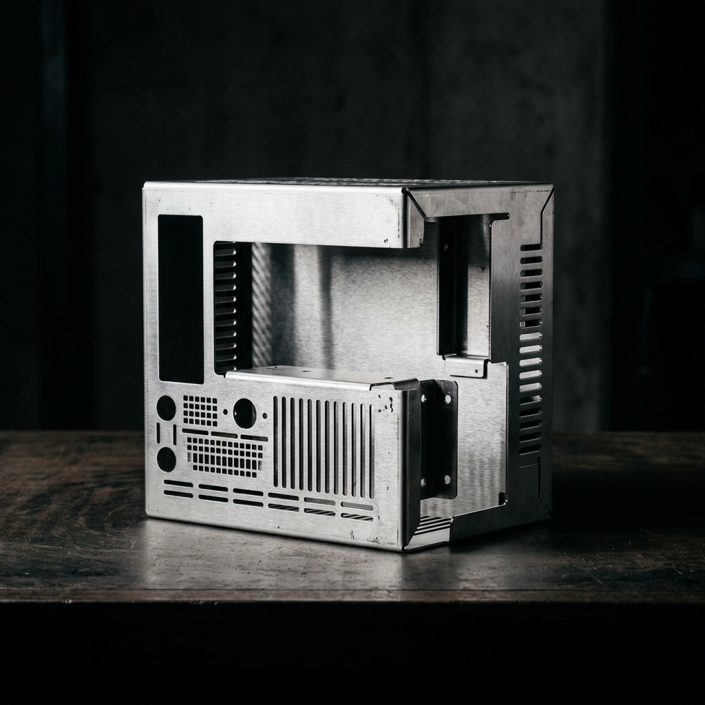 Sample laser-cut and bent sheet steel enclosure panel