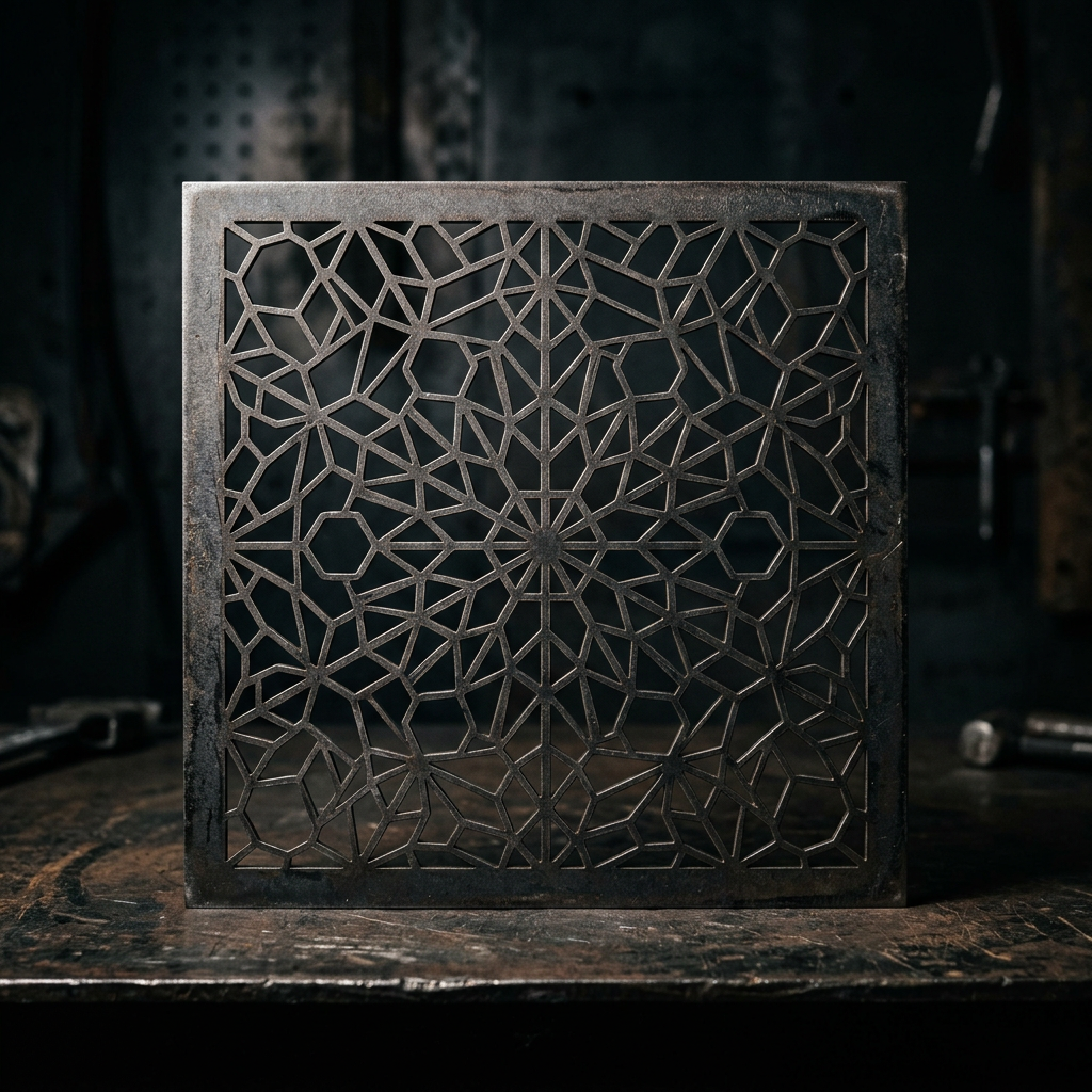 Sample laser-cut decorative steel plate with a geometric perforated pattern