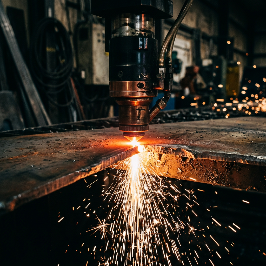Close-up of a laser cutting head mid-cut through sheet metal with sparks