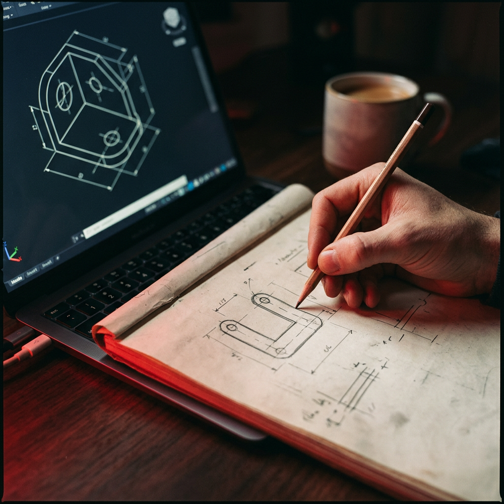 A hand sketching a bracket part on paper next to a laptop showing a CAD drawing