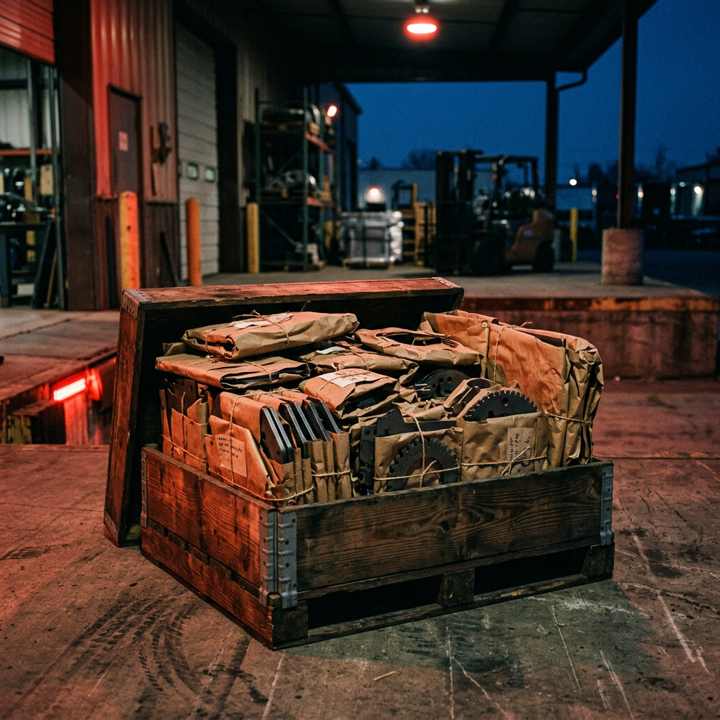 An open wooden crate packed with laser-cut steel parts at a loading dock at dusk
